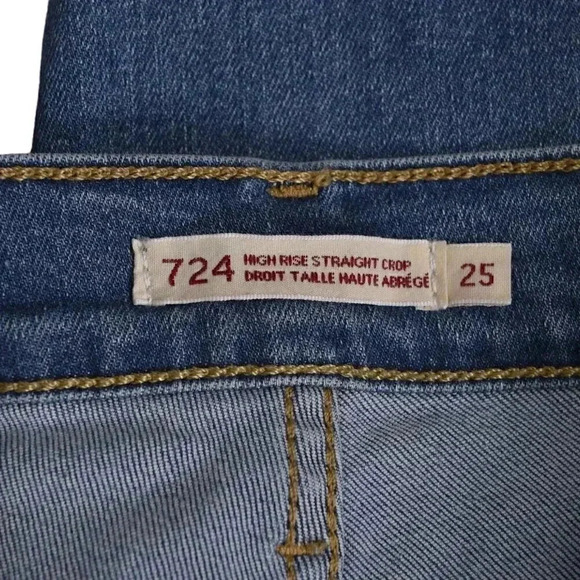 Levi's Premium Jeans 724 High Rise Slim  Straight Crop Jean Blue Raw Hem Size 25 - Picture 10 of 16